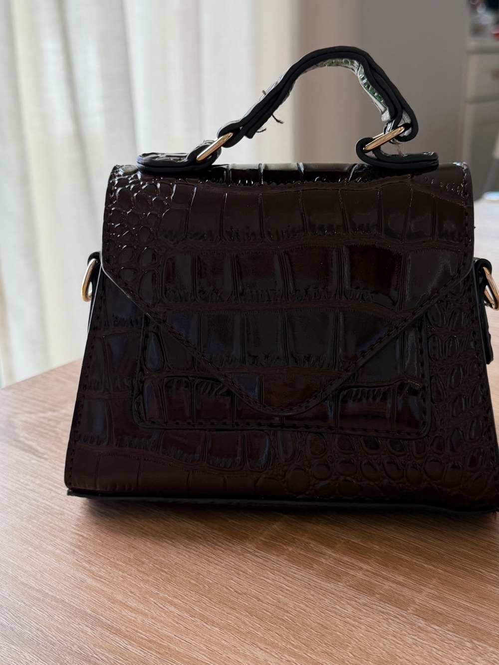 Top-Handle Croc-Embossed Mini Handbag with a strap to make longer in Dark Brown